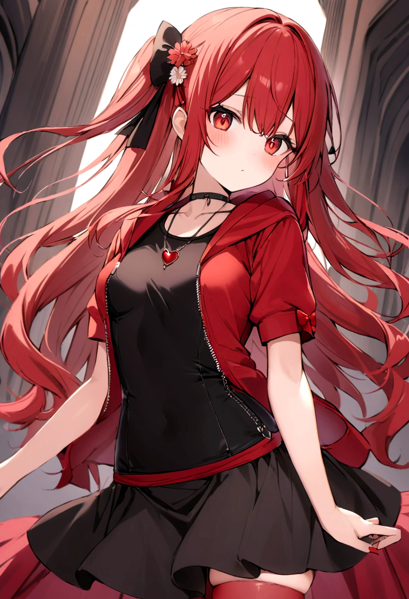 a with a red skirt and a black skirt that is under the red shirt . red stockings . red zip up hoodie, black shirt underneath with short sleeves and ,red hair, long hair and a flower with a ribbon on the bottom on the side on the hair and red eyes has a black Choker , and a small heart red necklace ,has a ribbon bow waistband , full body