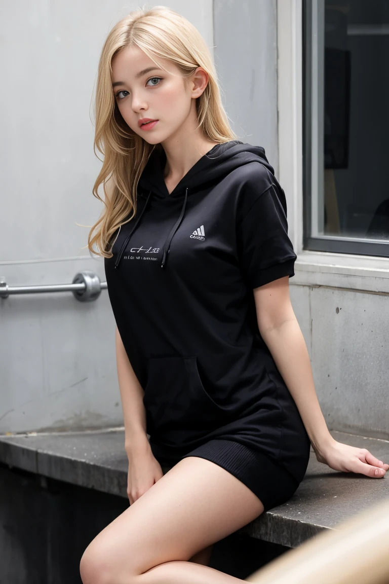 une femme blonde de 18 ans sexy et mince , black short sleeve hoodie , salle de classe, se touche,position sey,sensuel