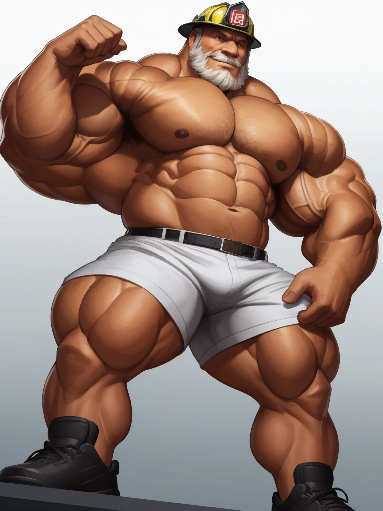 solo, 1boy, perfect anatomy, ground view, wrinkles skin, low shoot, down view, perfect proportion, thick body, thick thighs, firefighter, firefighter helmet, sharp eyes, big eyes, smile, perfect fingers, big hand, fingers. Huge Muscular Old man with short hair, shoes ,(white shorts), view from side, pectoral, thick arms, huge pectoral, wide pectoral, white hair, white beards, simple background, masterpiece, semirealistic:1.2, high detailed, 8k, high resolution, perfect center, full view. ((really big muscle, massive muscular, sixpack, thick arms, wide pectoral, super huge muscle, hyper muscular, over sized muscle, huge arms, big arms, huge pectoral))