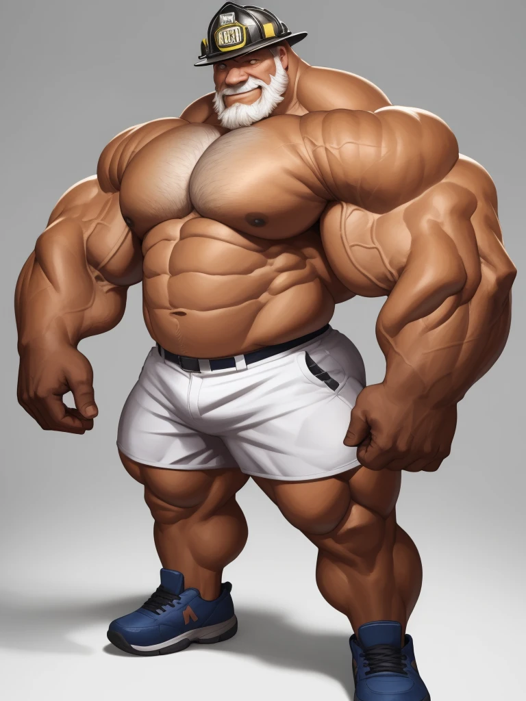 solo, 1boy, perfect anatomy, ground view, wrinkles skin, low shoot, down view, perfect proportion, thick body, thick thighs, firefighter, firefighter helmet, sharp eyes, big eyes, smile, perfect fingers, big hand, fingers. Huge Muscular Old man with short hair, shoes ,(white shorts), view from side, pectoral, thick arms, huge pectoral, wide pectoral, white hair, white beards, simple background, masterpiece, semirealistic:1.2, high detailed, 8k, high resolution, perfect center, full view. ((really big muscle, massive muscular, sixpack, thick arms, wide pectoral, super huge muscle, hyper muscular, over sized muscle, huge arms, big arms, huge pectoral))