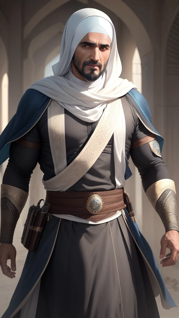 "İslamic müslim hijab men" Happy 8k ultra-realistic 45-year-old incredibly handsome brutal men as sheikh, with bright eyes, looking in front of camera, hd portrait, photorealistic