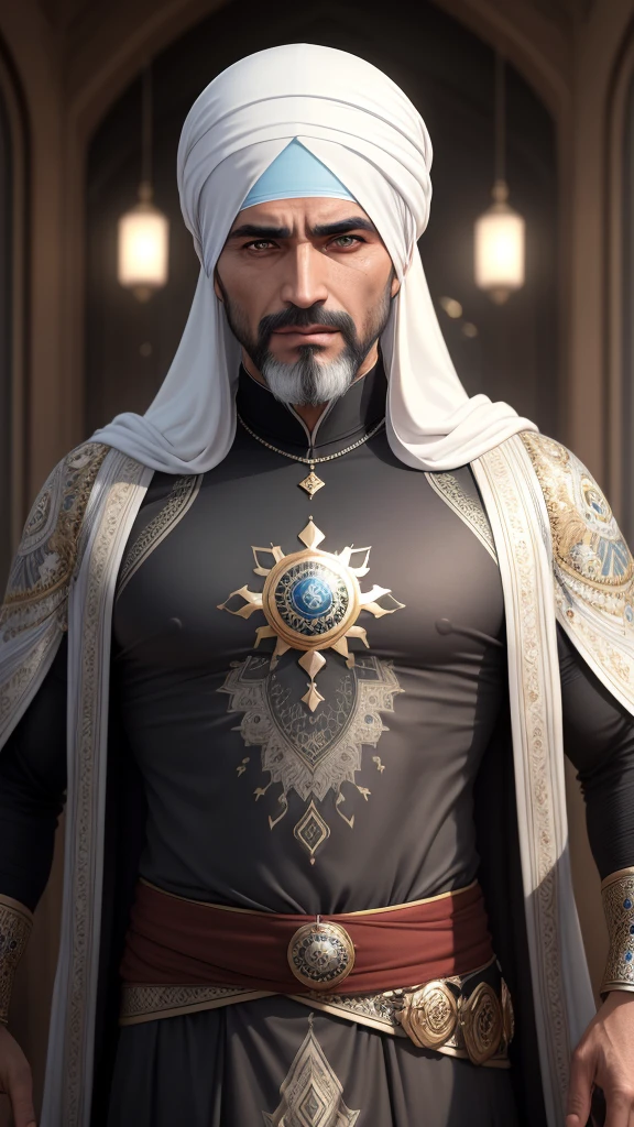 "İslamic müslim hijab men" Happy 8k ultra-realistic 45-year-old incredibly handsome brutal men as sheikh, with bright eyes, looking in front of camera, hd portrait, photorealistic