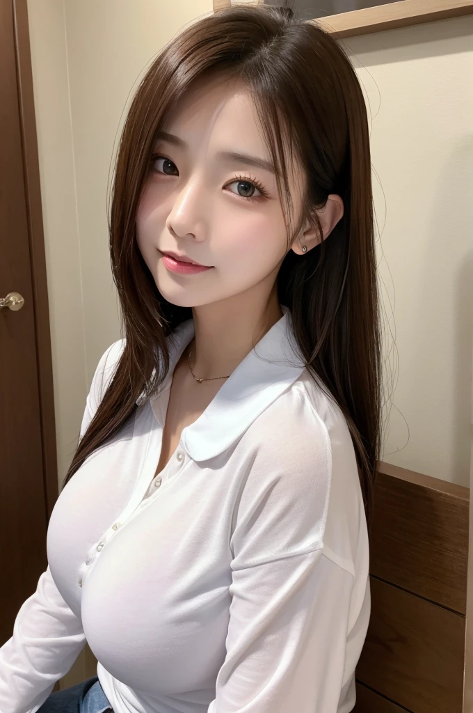 ((Highest quality))、Beauty、Big Breasts、Cute shirt with open collar、