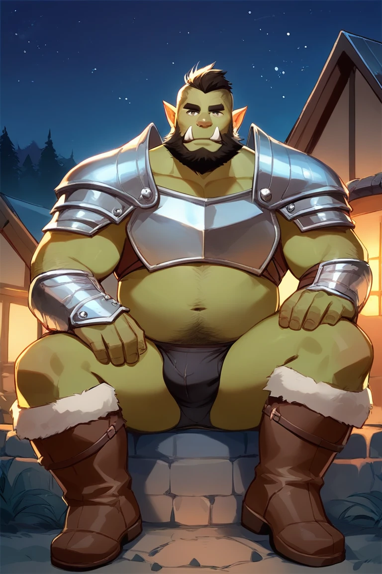 score_9, score_8_up, score_7_up, solo, male focus, chubby male, orc, green skin, tusks, beard, outdoors, (micro armor) , shoulder armor, breastplate, upper body, closed mouth, pauldrons, night, night sky, boots , ( black briefs ) , full body , black boots , laying spread legs , legs up