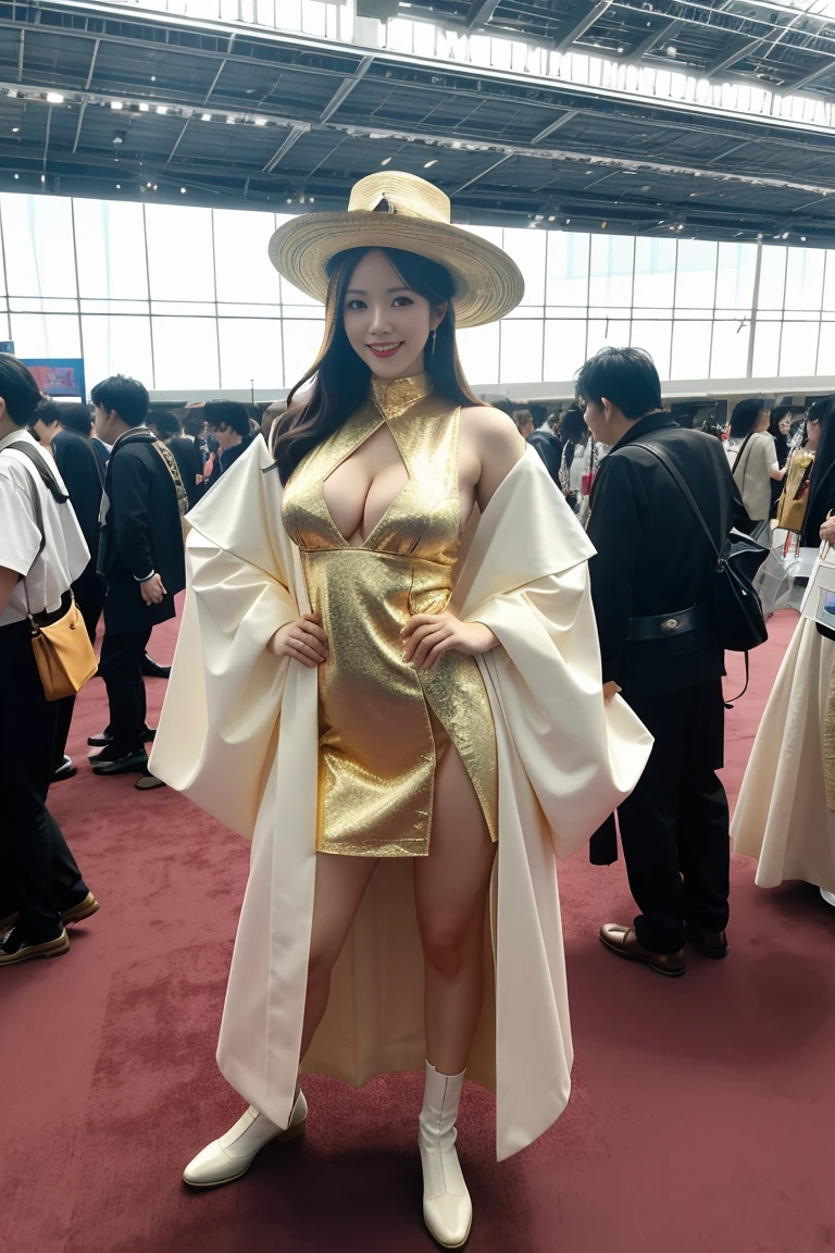 portrait of a beautiful japanese cosplay girl at comiket in tokyo, (cosplaying as boa hancock from one piece:1.3), (sexy costume:1.2), (large breasts:1.1), solo, (full body shot:1.3), (dynamic pose:1.2), (smiling mischievously at camera:1.2), (perfect anime face:1.2), (mix of 2d and 3d:1.2), (3d model elements:1.1), (extremely detailed:1.3), (intricate:1.2), (vibrant colors:1.1), (volumetric lighting:1.2), (depth of field:1.1), (golden ratio:1.1), (8k:1.2), (uhd:1.2), (dslr:1.1), (soft focus:1.1), (high quality:1.2), (film grain:0.8), (Fujifilm XT3:1.1), (art by artgerm and wlop and alphonse mucha:1.2), (bustling tokyo big sight convention center interior:1.3), (comiket 100 signage:1.2), (crowds of cosplayers and attendees visible in background:1.2), (bright colorful banners and booths:1.1), (people holding anime goods:1.1), (detailed background:1.2)