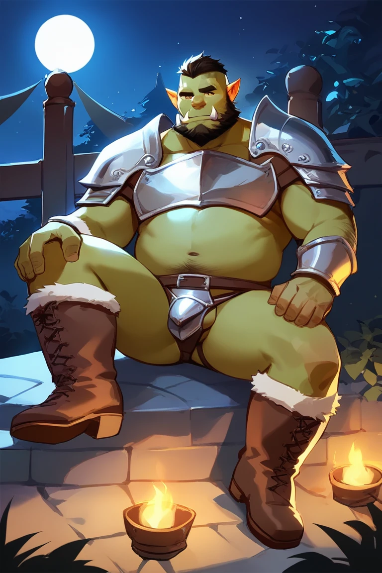 score_9, score_8_up, score_7_up, solo, male focus, chubby male, orc, green skin, tusks, beard, outdoors, (micro armor) , shoulder armor, breastplate, upper body, closed mouth, pauldrons, night, night sky, boots , ( black micro briefs ) , full body , black boots , laying spread legs , legs up