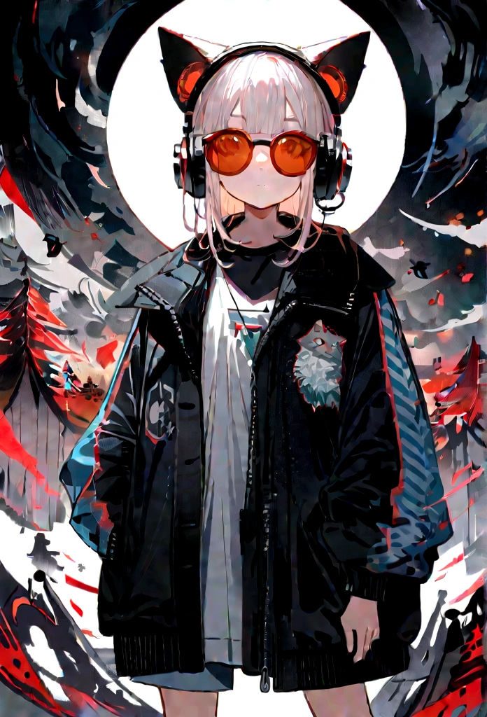 Perfect centering, Cute kitten, Wear a student team jacket, Wearing sunglasses, Wearing headphones, cheerfulness, Standing position, Abstract beauty, Centered, Looking at the camera, Facing the camera, nearing perfection, Dynamic, Highly detailed, smooth, Sharp focus, 8K, high definition resolution, illustration, Art by Carne Griffiths and Wadim Kashin, White background