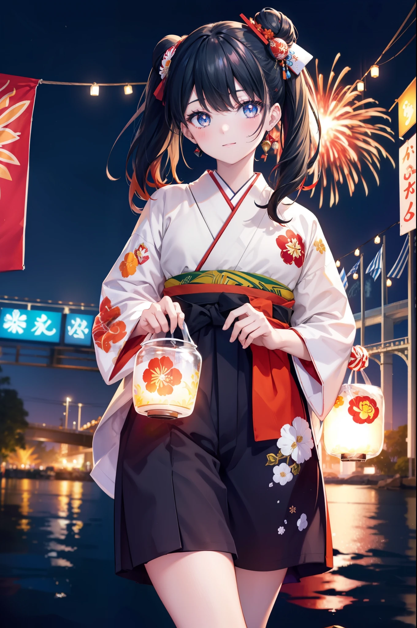 Takada Rokka, Black Hair, blue eyes, Long Hair, orange Scrunchie, Scrunchie, wrist Scrunchie,White Kimono,Sandals,日本のfestival,夏festivalの屋台,Red lantern,Hair Bun, double  Hair Bun,happy smile, smile, Open your mouth,Fireworks,The place is a fireworks display、Time is night,Walking,whole bodyがイラストに入るように,
break outdoors, festival,
break looking at viewer, whole body,(Cowboy Shot:1. 5)
break (masterpiece:1.2), Highest quality, High resolution, unity 8k wallpaper, (shape:0.8), (Fine and beautiful eyes:1.6), Highly detailed face, Perfect lighting, Highly detailed CG, (Perfect hands, Perfect Anatomy),
