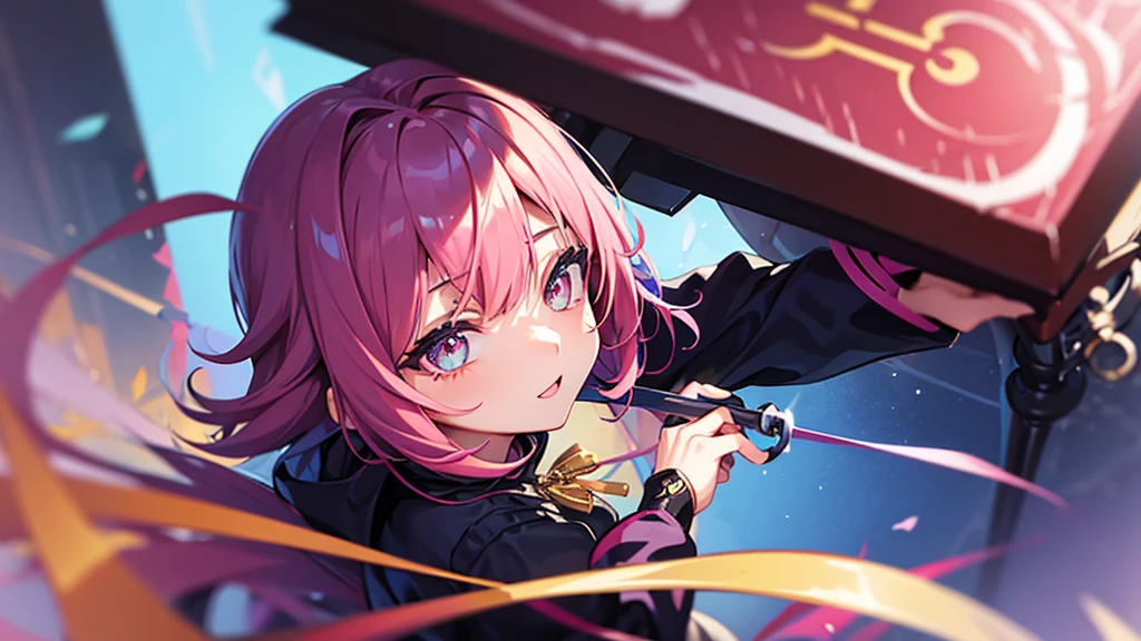Illustration of a VTuber. Hair color is navy blue with pink gradation. Fluffy but outward curled bob. Eye color is a mix of red and gold.