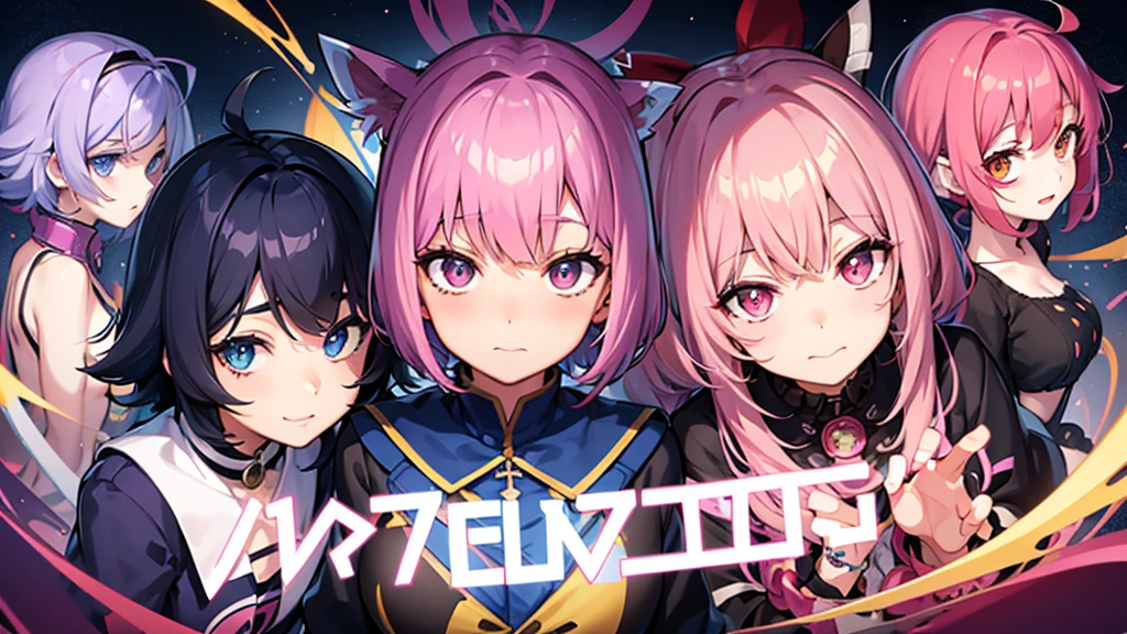 Illustration of a VTuber. Hair color is navy blue with pink gradation. Fluffy but outward curled bob. Eye color is a mix of red and gold.