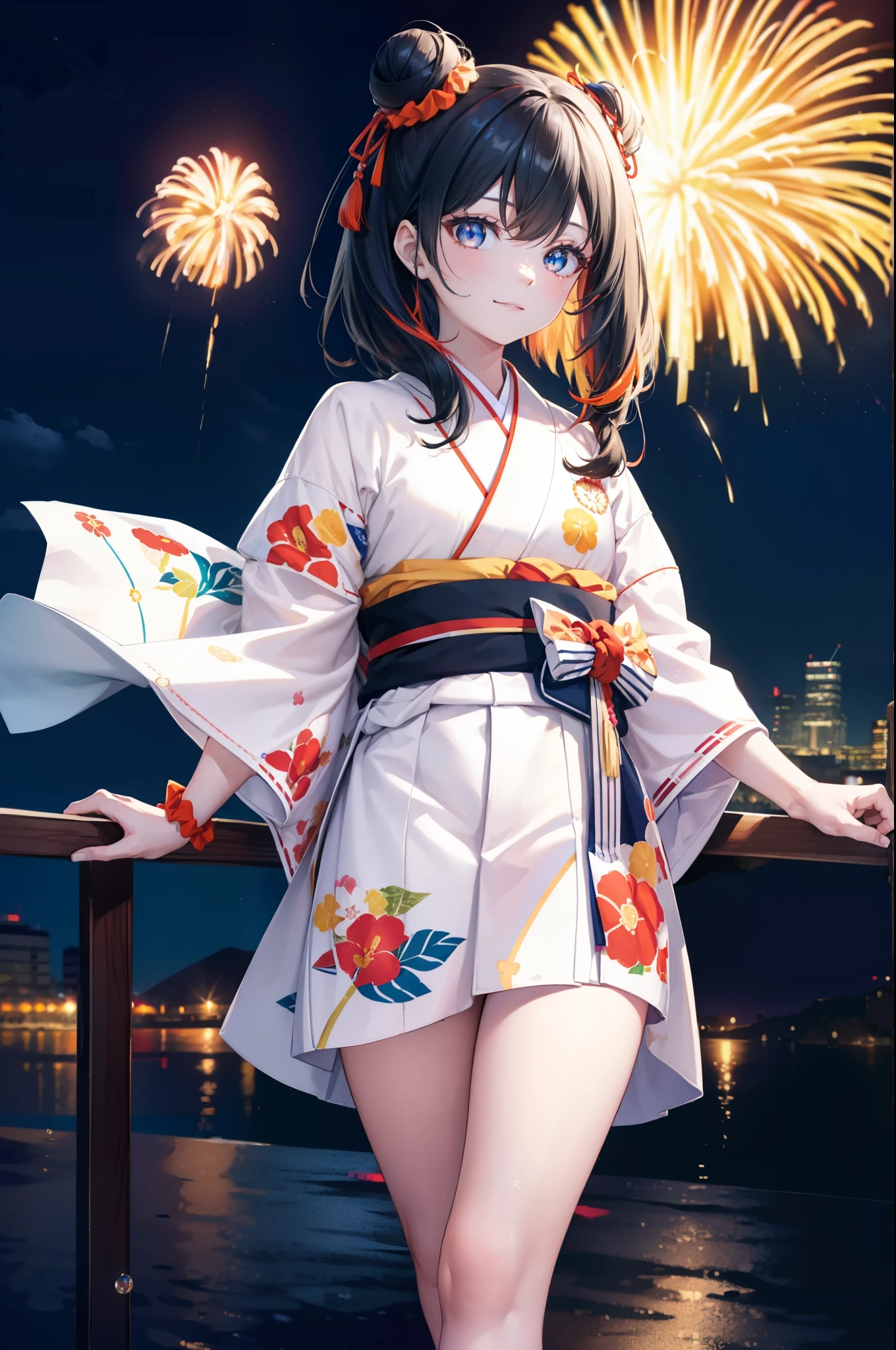 ((sexy cute mini kimono and elegant beautiful white laced panties)),
♥(Japanese beautiful flower printed kimono,yukata),((1girl,cute,young,semi long beautiful black hair,blunt bangs,twin tales,beautiful eyes)),(solo),((masterpiece, highest resolution,best quality)), (beautiful illustration),(Japanese beautiful flower printed kimono,yukata),
 (looking at the viewer), innocent smile,cinematic lighting,Japanese Festival,stall,fireworks,night sky,full moon,shooting star,
