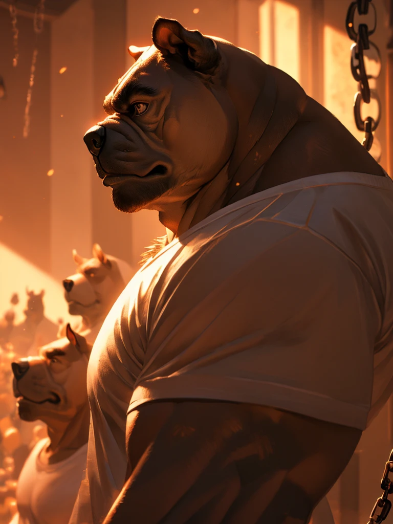 (tall) (muscular) (bulldog:1.1), (white T-shirt), (chain), (detailed eyes), (detailed lips), (strong pose), [background:0.9], (best quality:1.2), (ultra-detailed), (realistic:1.37), [HDR], [studio lighting], (vivid colors), [bokeh], (portraits), (strong contrast), (warm color tone), (soft lighting)