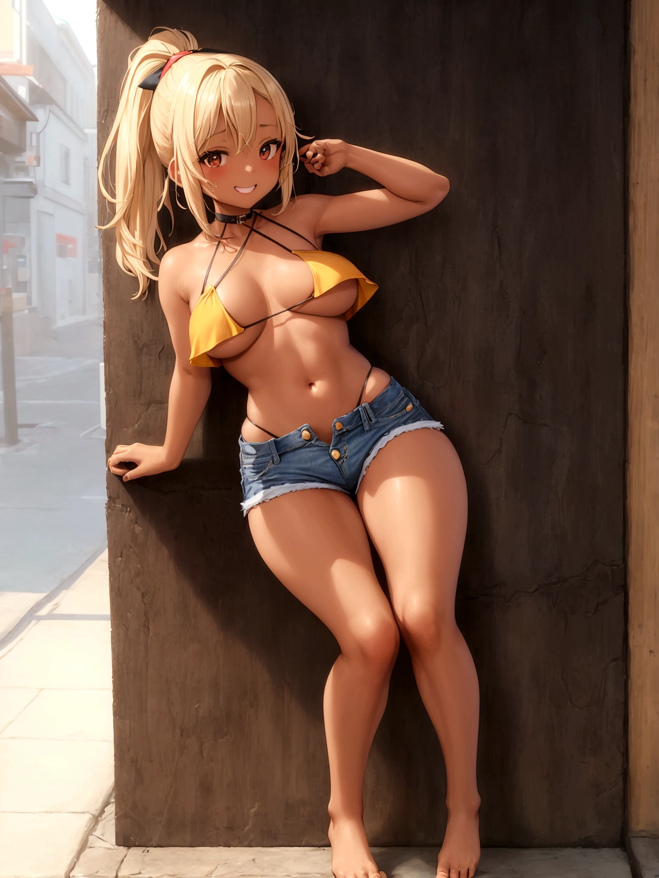 girl,(masterpiece,Highest quality),Street,(Brown Skin),(Completely naked),Bare shoulders、Gal、Blonde、smile、Big Breasts,ponytail、(Underboob),Cleavage,Torn(Tube top)、looking at the camera、shoes、Damage shorts,(Tattered)Micro Mini Denim Shorts(Open button),TornMicro Mini Denim Shorts,solo、Are standing、barefoot,
