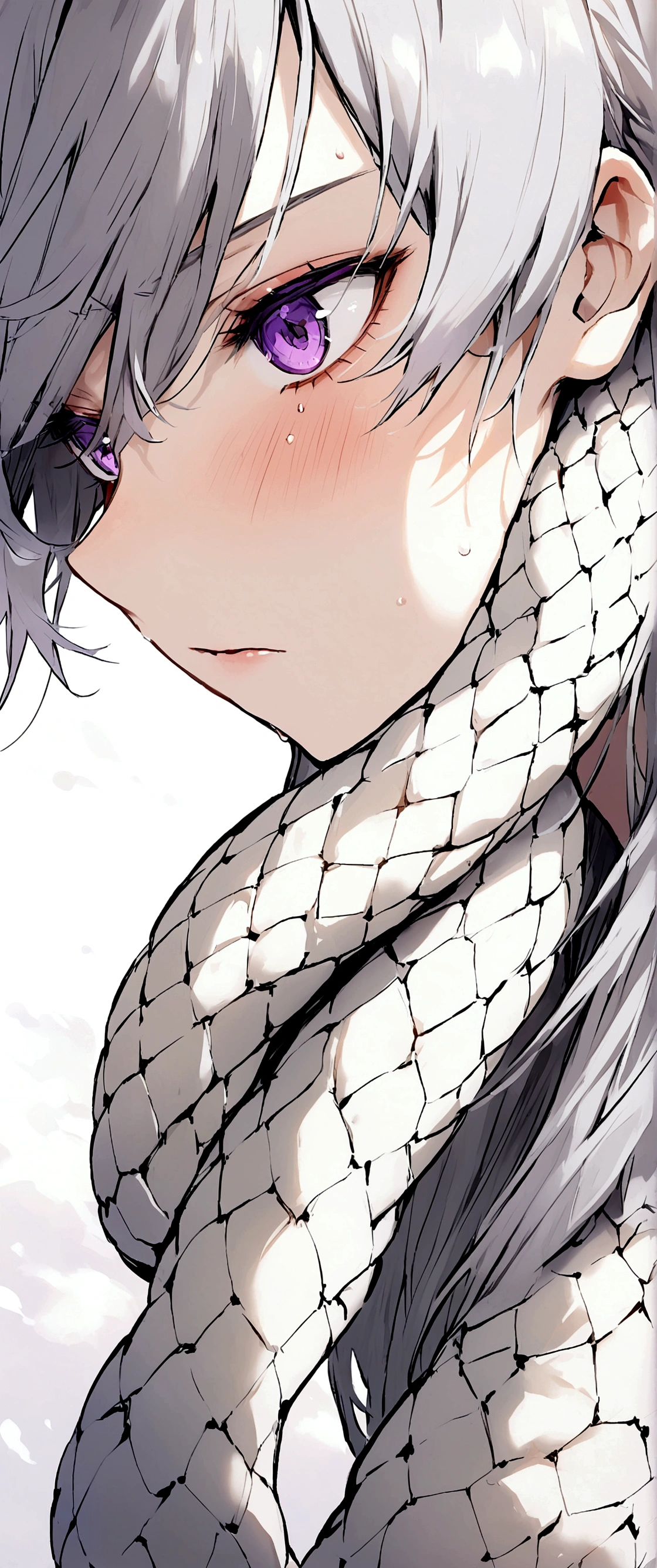 Snake-like boy,18-year-old,Facial blemishes,Gray Hair,Shiny long hair,Purple eyes.