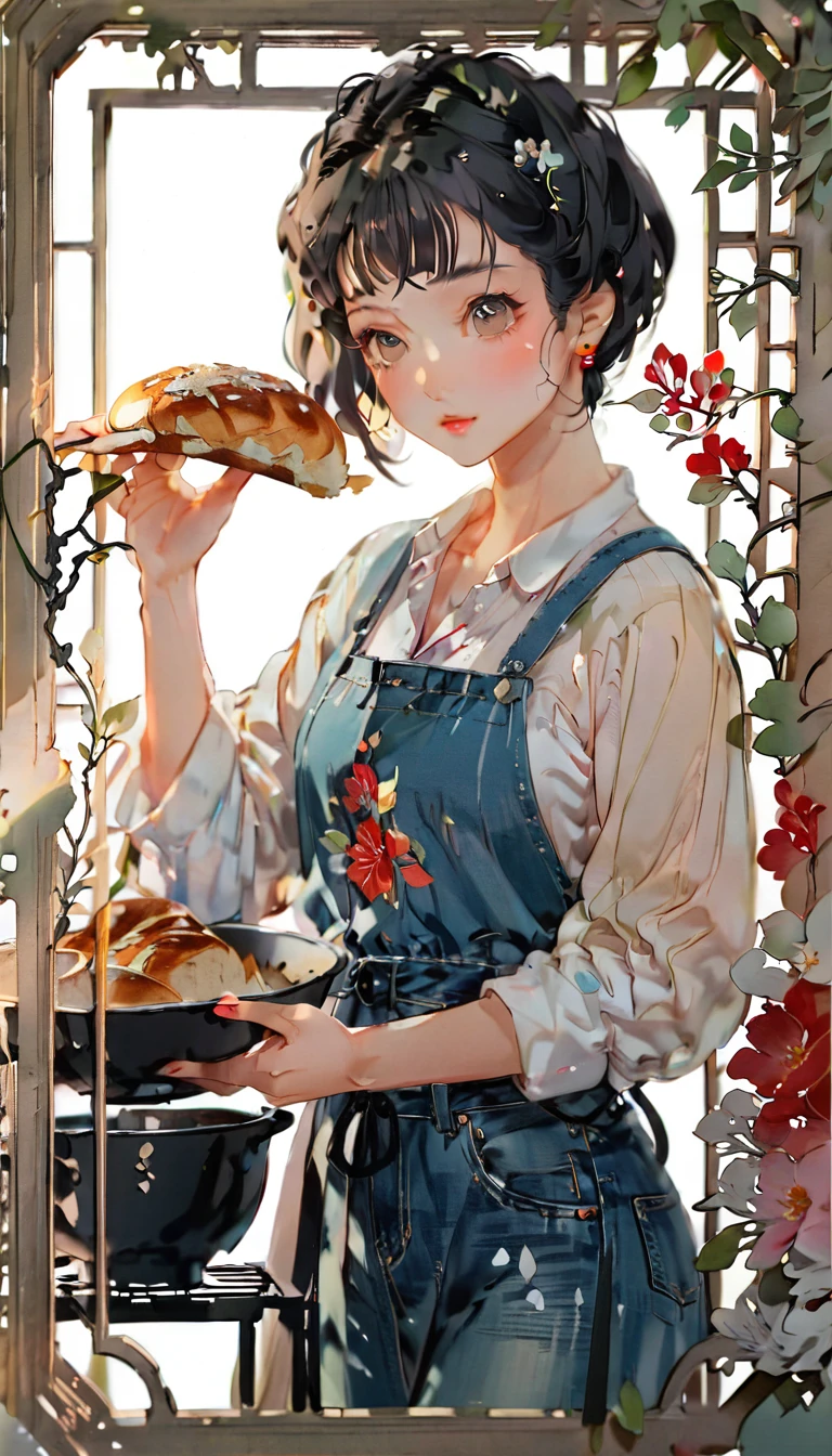 (((paper cutting style))), (frame of illustration is 3D paper cutting: 1.2), (denim and shirts), (black short hair), (random angle), (random pose), 1 girl, cooking bread