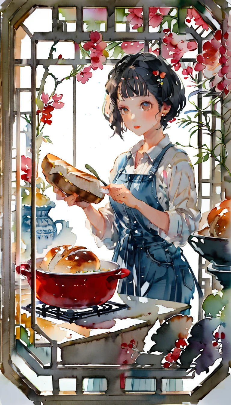 (((paper cutting style))), (frame of illustration is 3D paper cutting: 1.2), (denim and shirts), (black short hair), (random angle), (random pose), 1 girl, cooking bread