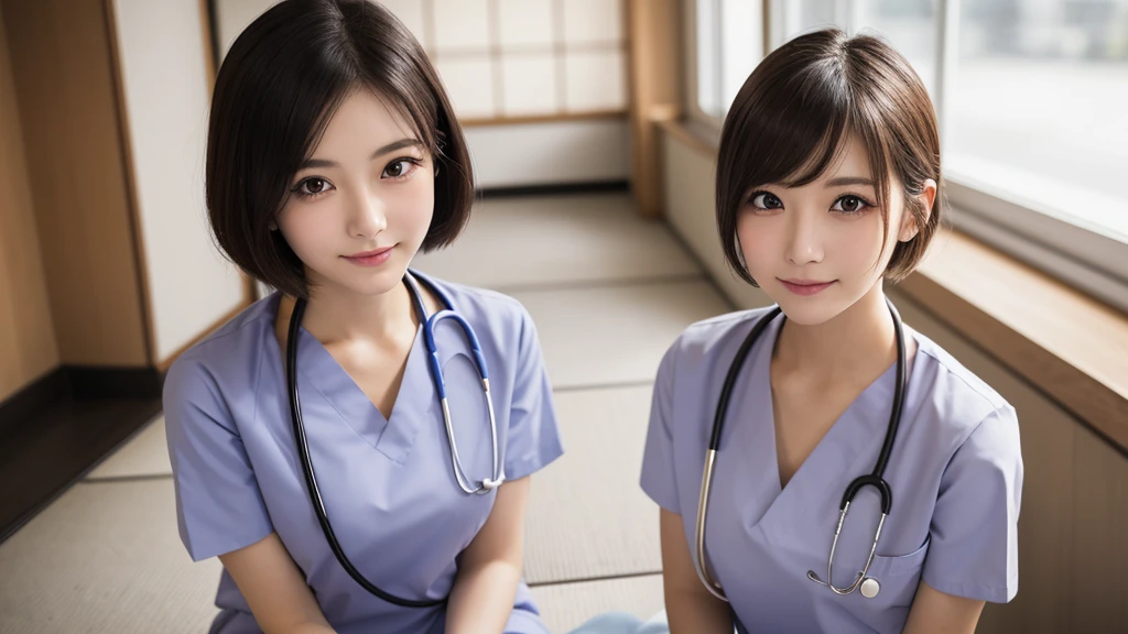 (1 Girl )、(Beautiful Japanese、24years old,round face、Refreshing、clear、seems kind、stylish、Pitiful、cute like an angel、cute、black eyes、(Single eyelid:1.3)、Beautiful skin), {(Japan human face:1.4),(General facial features)} , (((Beautiful breasts:0.4))),(((soft breasts))),(very cute),(short bob hair,black hair,),(enchanting eyes),(highlight on eyes:1.2)、(8K、Live shooting、highest quality、masterpiece:1.2、optimal lighting),(Photo taken by a professional photographer),(real、photo real:1.4),BREAK,{ (White nurse costume),(((taraditional nurse uniform))),,{(White nurse tight skirt)}},( Smile),() break, hospital,from above,(((1970s vibe)))、Hospital ,standing,looking at viewer,
