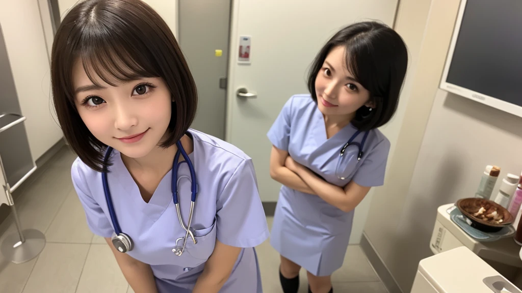 (1 Girl )、(Beautiful Japanese、24years old,round face、Refreshing、clear、seems kind、stylish、Pitiful、cute like an angel、cute、black eyes、(Single eyelid:1.3)、Beautiful skin), {(Japan human face:1.4),(General facial features)} , (((Beautiful breasts:0.4))),(((soft breasts))),(very cute),(short bob hair,black hair,),(enchanting eyes),(highlight on eyes:1.2)、(8K、Live shooting、highest quality、masterpiece:1.2、optimal lighting),(Photo taken by a professional photographer),(real、photo real:1.4),BREAK,{ (White nurse costume),(((taraditional nurse uniform))),,{(White nurse tight skirt)}},( Smile),() break, hospital,from above,(((1970s vibe)))、Hospital ,standing,looking at viewer,