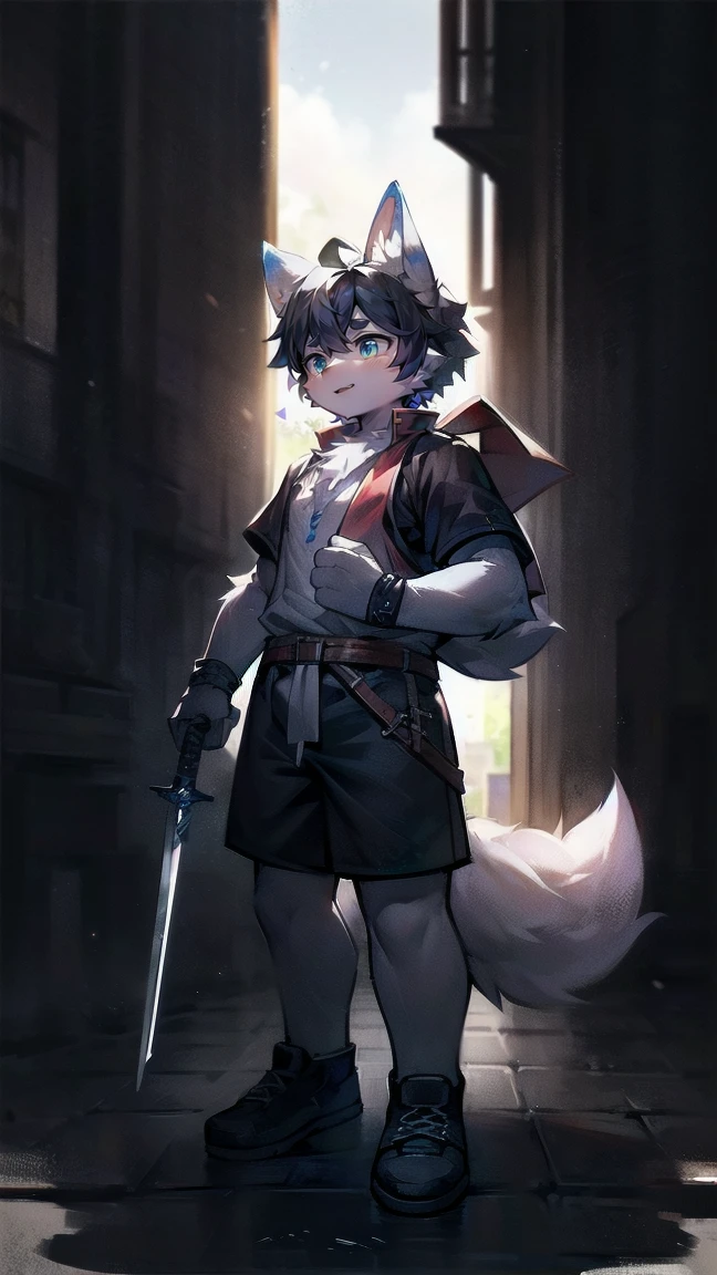 White Wolf,Black Hair,Sky blue eyes,hairy,Wolf ears,Wolf Tail,Full body portrait,The character is in the center of the screen,Handsome,Confident gaze***but,juvenile,Black and white combat uniform,Red bib,Black shorts,Short sleeve,hairy arms and legs,Dark background,Dark Battlefield,dawn,sunrise,dawn,illumination,shadow,swordsman,The scabbard and hilt are held in the hand,Scabbard at waist,best quality,tall and big