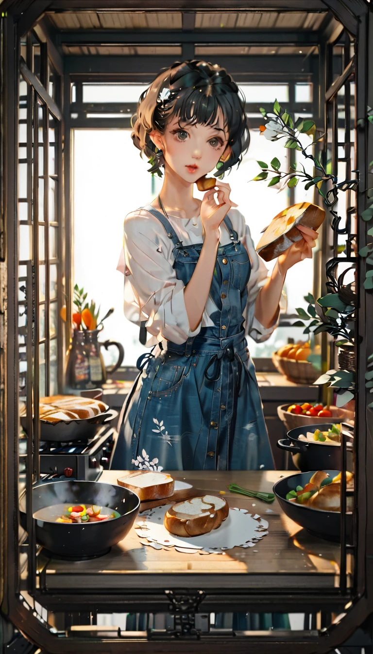 (((paper cutting style))), (frame of illustration is 3D paper cutting: 1.2), (denim and shirts), (black short hair), (random angle), (random pose), 1 girl, cooking bread