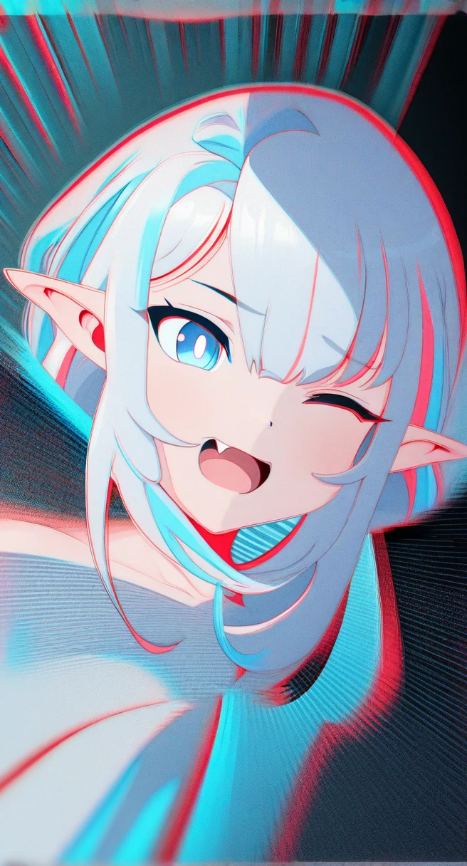 fang, white hair, wince, blue eyes, streaked hair, boy, hair strand, pointy ears, bright pupils, naughty, drop shadow, anaglyph, stereogram, tachi-e, atmospheric perspective, anime style, stereogram, pov, 8k, super detail, best quality, masterpiece, anatomically correct