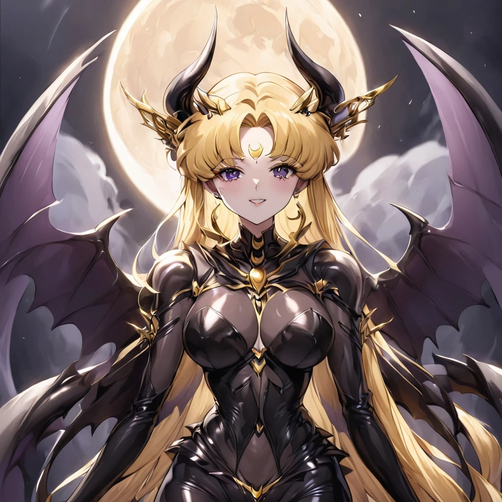 ((Highest quality)), ((masterpiece)), (detailed), （Perfect Face）、male１people女３people、Husband, wife and daughter２people、The woman clung to her husband, the powerful demon king.２peopleの娘は悪魔の姿の母親似のデビルプリンセスで女と魔王の傍に居る、The woman is naked and is the bride of the Demon King, the Dark Queen of the Black Moon Clan, the Demon Queen, Devil Queen Serenity, and is wearing a shiny black full-body bodysuit decorated with gold, a sexy female demon with jet-black skin, Devil Queen Serenity.、The woman is a jet-black female demon with magnificent devil horns, jet-black devil wings, and a jet-black tail. Her skin is jet-black, and she has a black inverted crescent moon mark on her forehead. She is the jet-black demon Devil Queen Serenity, and she has blonde hair.２The expression of a girl in love with her long hair tied up、Woman is Devil Queen Serenity