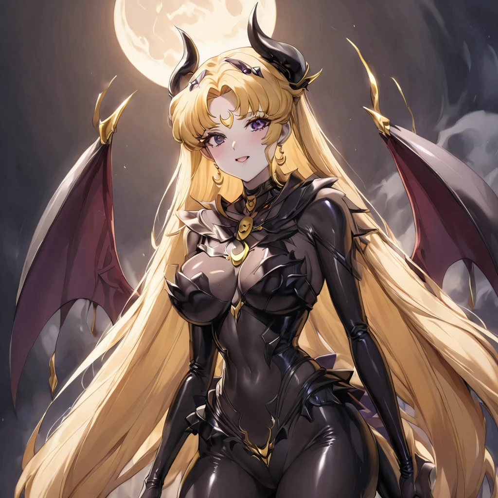 ((Highest quality)), ((masterpiece)), (detailed), (Perfect Face)、male1people女3people、Husband, wife and daughter2people、The woman clung to her husband, the powerful demon king.2peopleの娘は悪魔の姿の母親似のデビルプリンセスで女と魔王の傍に居る、The woman is naked and is the bride of the Demon King, the Dark Queen of the Black Moon Clan, the Demon Queen, Devil Queen Serenity, and is wearing a shiny black full-body bodysuit decorated with gold, a sexy female demon with jet-black skin, Devil Queen Serenity.、The woman is a jet-black female demon with magnificent devil horns, jet-black devil wings, and a jet-black tail. Her skin is jet-black, and she has a black inverted crescent moon mark on her forehead. She is the jet-black demon Devil Queen Serenity, and she has blonde hair.2The expression of a girl in love with her long hair tied up、Woman is Devil Queen Serenity