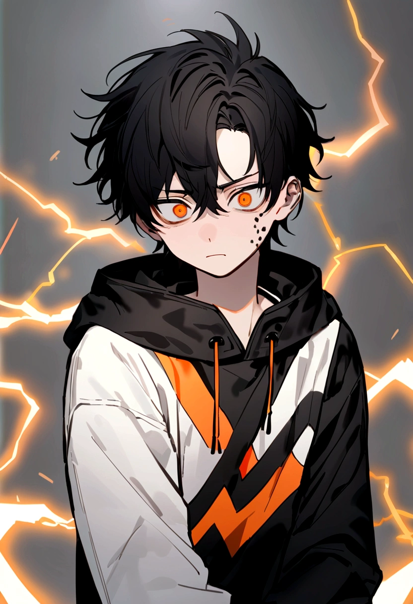 Man 17 years old Long black hair black and white sweatshirt with orange electricity on his body with a worried look