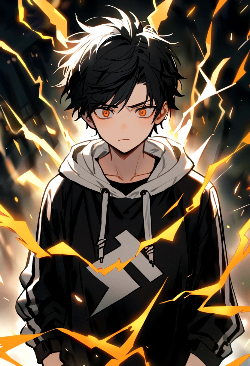 Man Long black hair black and white sweatshirt with orange electricity on his body with a worried look