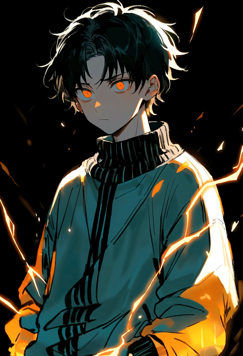 Man 17 years old Long black hair black and white sweatshirt with orange electricity on his body with a worried look