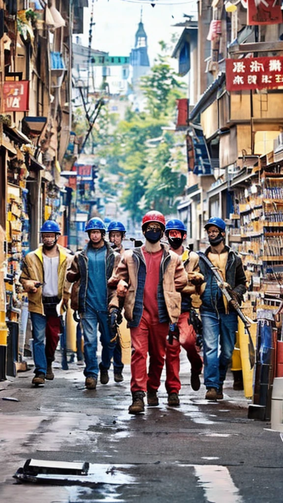 Generated picture: At 1 o'clock in the morning, five construction workers, each holding a weapon, prepared to sneak into the Red Street Market to fight monsters