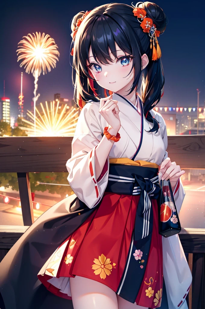 Takada Rokka, Black Hair, blue eyes, Long Hair, orange Scrunchie, Scrunchie, wrist Scrunchie,White Kimono,Sandals,日本のfestival,夏festivalの屋台,Red lantern,Hair Bun, double  Hair Bun,happy smile, smile, Open your mouth,Fireworks,The place is a fireworks display、Time is night,Walking,whole bodyがイラストに入るように,
break outdoors, festival,
break looking at viewer, whole body,(Cowboy Shot:1. 5)
break (masterpiece:1.2), Highest quality, High resolution, unity 8k wallpaper, (shape:0.8), (Fine and beautiful eyes:1.6), Highly detailed face, Perfect lighting, Highly detailed CG, (Perfect hands, Perfect Anatomy),