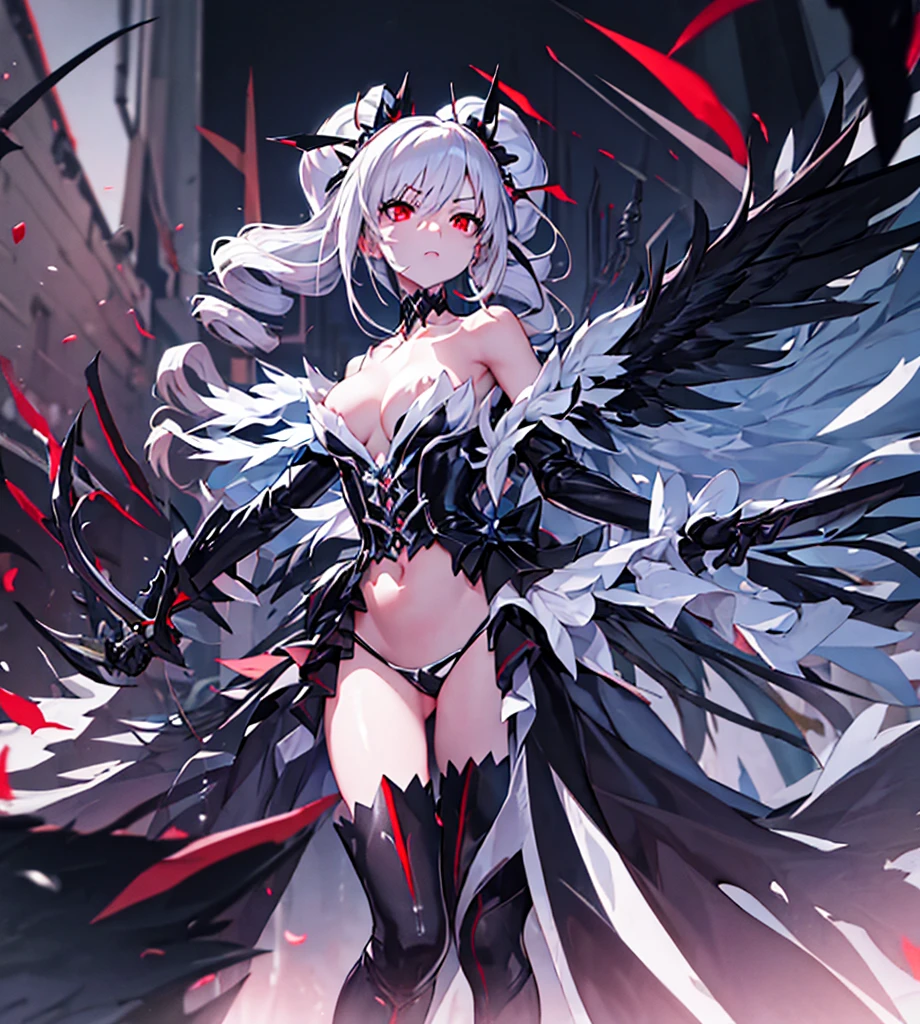 Silver hair, twin drills, abyss, large black wings, red flames on his left hand, blue flames on his right hand, countless swords all over his body, sharp gaze, red light running through his eyes, raised corners of his mouth, open arms, blue flames, all alone