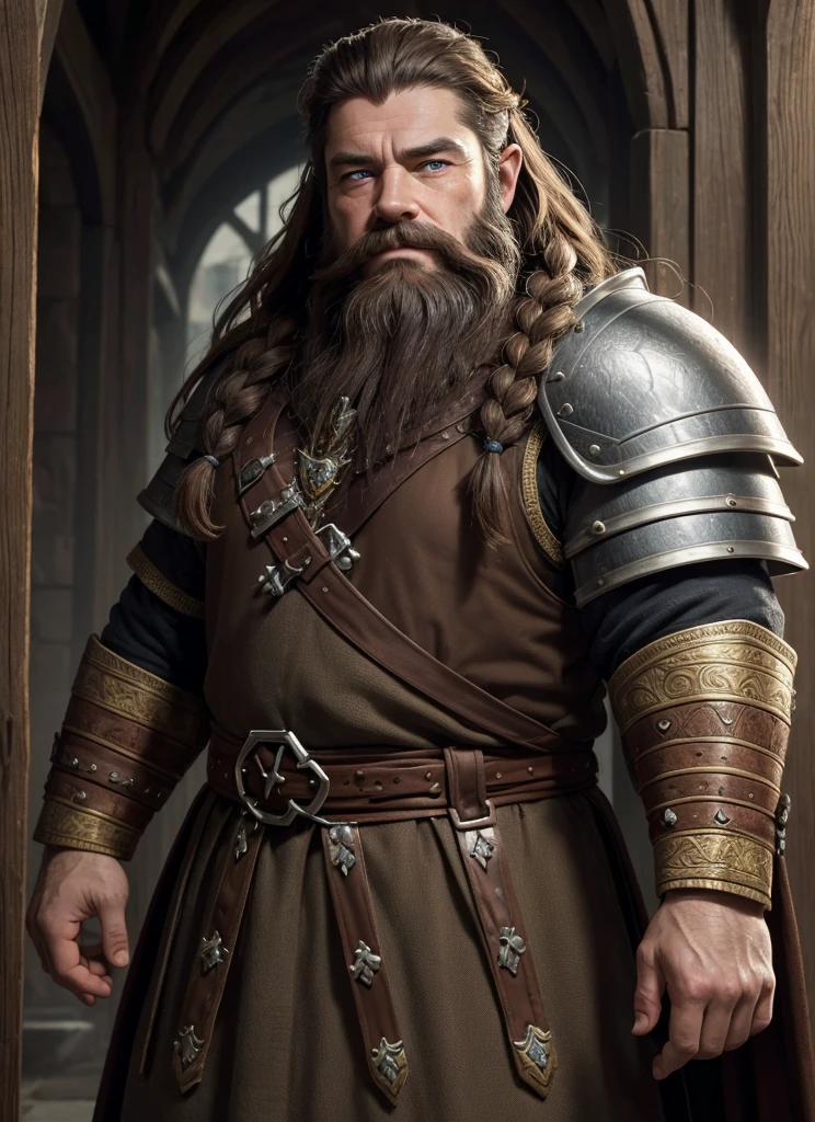 young Dwarf in full plate armor, medieval fantasy dwarf, stark, plumpness, with light brown hair and a long braided beard, wearing full plate armor, a mad look, fully body, standing alone, fancy, Dwarf Medieval RPG, Closeup portrait of a dwarf with a braided beard, Dwarf braided beard, 4 k image, 超A high resolution, inside royal dwarf hold, High details, best qualityer, 16K, [ultra detaild], master part, best qualityer, (extremely detaild), fully body, photorrealistic, arte de fancy, Arte de RPG, d&d art, an image of a dwarf in his hold (intense details, best qualityer), dwarf male fantasy (intense details, master part, best qualityer),(intense details, master part, best qualityer), brown hair, dynamic blue eye color, Ultra Detailed Face (intense details, master part, best qualityer), long beard, brown beard