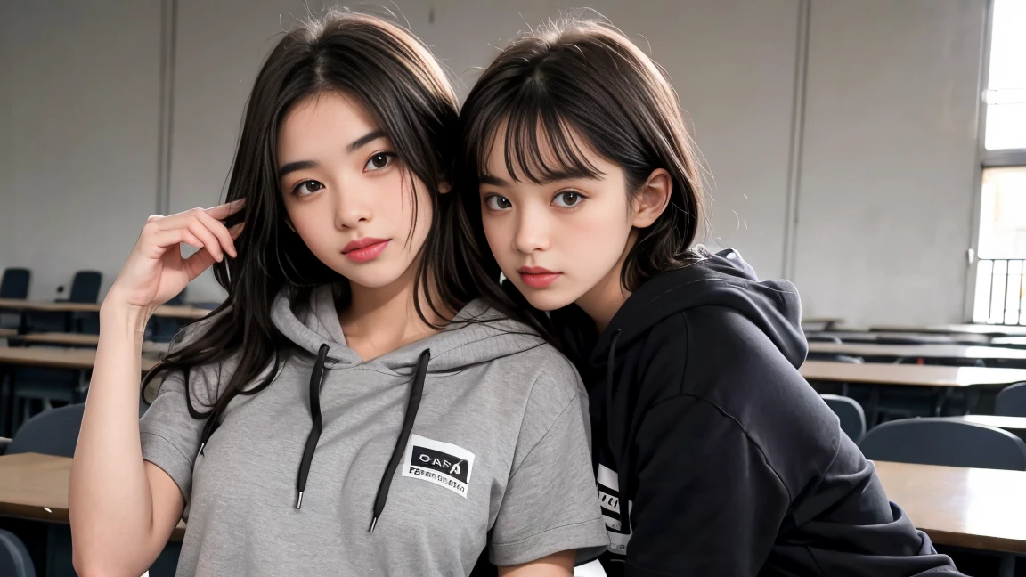 deux femmes ensemble de 18 ans sexy et mince , gray short sleeve hoodie , salle de classe, se touche,position sey,sensuel