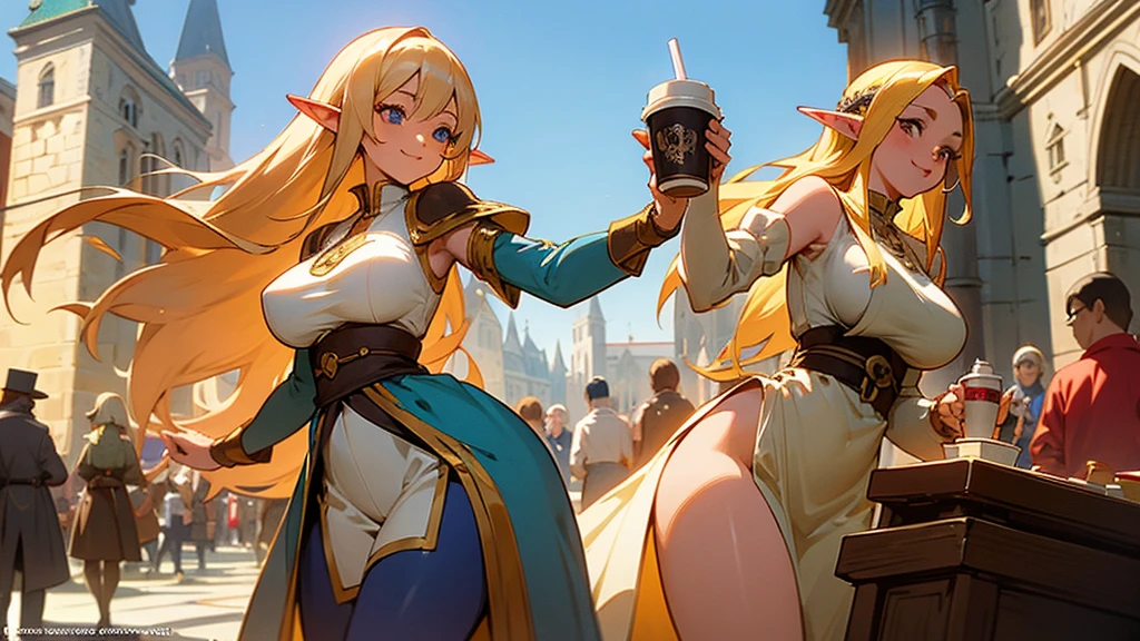 Anime Style,Nostalgic,Detailed background,The medieval world,A bustling square with many people,Beautiful elf girl holding a smiling bard coffee,Large Breasts,Healthy thighs,Underarm