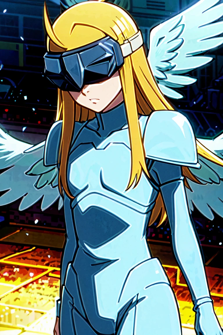 (Angemon de Digimon Adventure), 1man, solo, blonde hair, head wings, helmet, (covered eyes:1.7), long hair,  white battlesuit, angel wings, feathered wings, wings, anime screencap, american cowboy shot, masterpiece, the best quality, super detailed