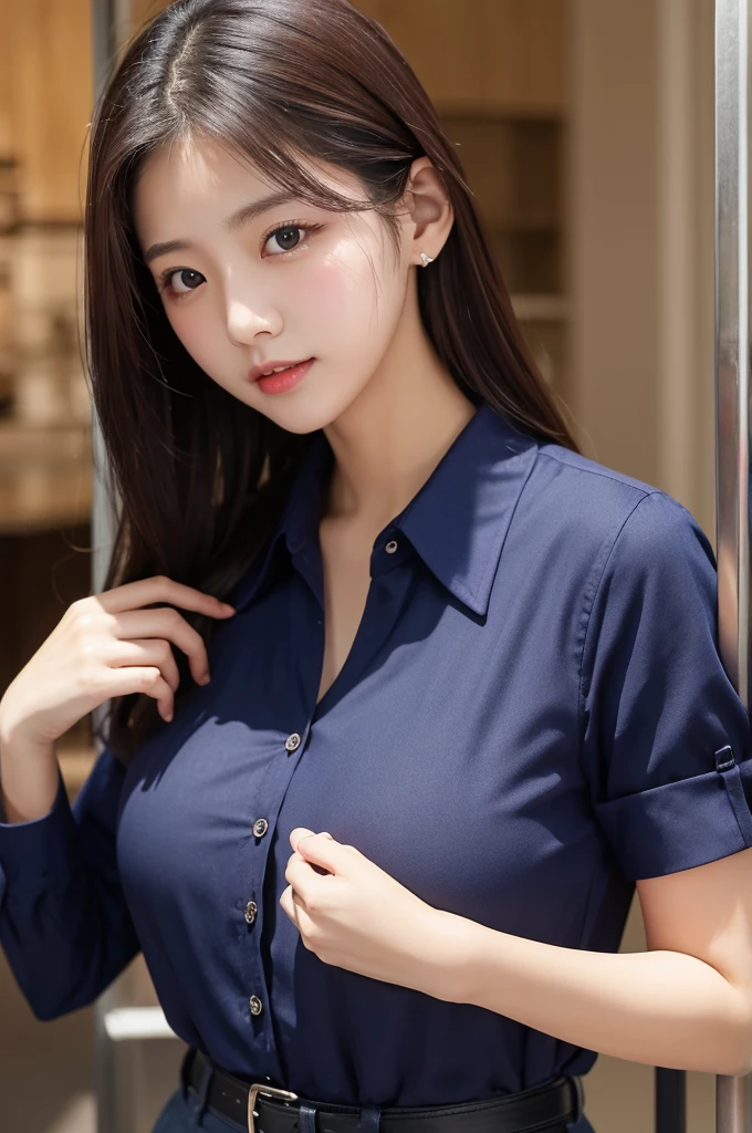 ((Highest quality))、Beauty、Big Breasts、Fully open collared shirt、navy blue