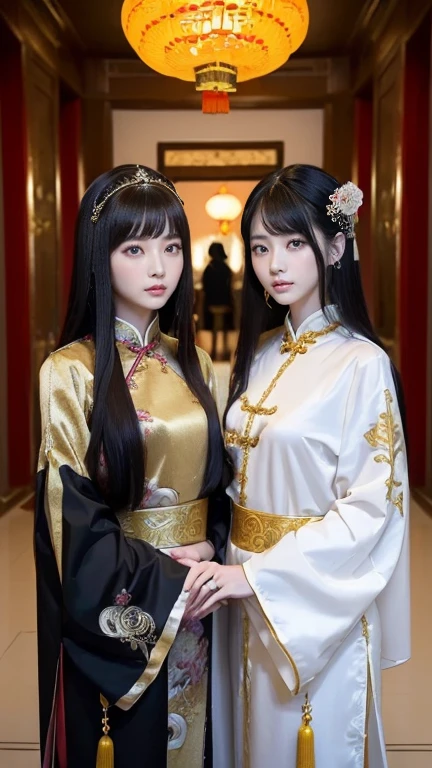 (((Two Chinese beauties)))、21 years old、(Very heavy makeup:1.2)、(Slanted Eyes:1.3)、(long narrow eyes:1.3)、Shiny Hair、Glowing Skin、Very white skin、Jet Black Hair、Straight long hairstyle、Big eyes、Double eyelids、Luxury Chinese palace、(The two of them stand side by side in the palace corridor)、Golden Hair Ornament、((Chinese Queen's Costume))、Luxurious and gorgeous、(huge breast:1.2)、(Exposed Skin:1.6)、(Smile with your mouth closed)