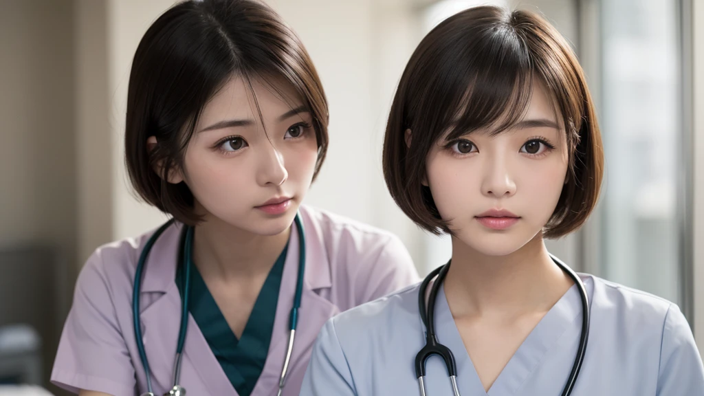(1 Girl )、(Beautiful Japanese、24years old,round face、Refreshing、clear、seems kind、stylish、Pitiful、cute like an angel、cute、black eyes、(Single eyelid:1.3)、Beautiful skin), {(Japan human face:1.4),(General facial features)} , (((Beautiful breasts:0.4))),(((soft breasts))),(very cute),(short bob hair,black hair,),(enchanting eyes),(highlight on eyes:1.2)、(8K、Live shooting、highest quality、masterpiece:1.2、optimal lighting)、((masterpiece)),(Photo taken by a professional photographer),(real、photo real:1.4),BREAK,{ (White nurse costume),(((taraditional nurse uniform))),,{(White nurse tight skirt)}},( Shy:1.4),break, hospital,Face shot:1.0、 face close-up,,(((1970s vibe)))、Hospital ,dynamic angle,from below,sitting,