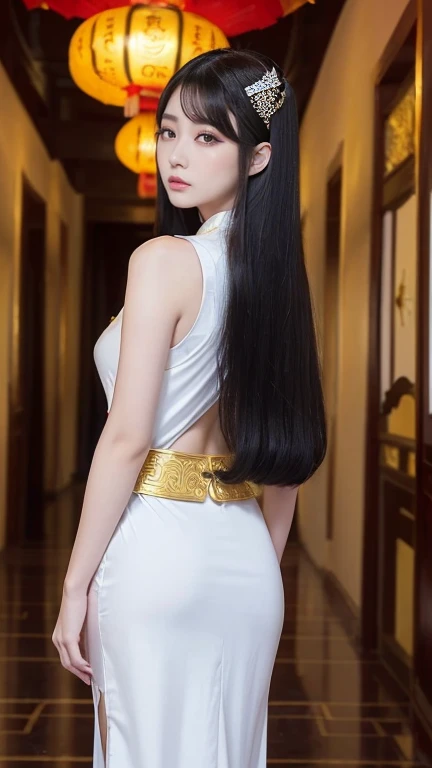 (((Chinese Beauty)))、(Back view)、(Look back here)、21 years old、(Very heavy makeup:1.3)、(Slanted Eyes:1.4)、(long narrow eyes:1.4)、Shiny Hair、Glowing Skin、Very white skin、Jet Black Hair、Straight long hairstyle、Waist-length hair、Big eyes、Double eyelids、Luxury Chinese palace、(Standing in the palace corridor)、Golden Hair Ornament、((Chinese Queen's Costume))、Luxurious and gorgeous、(huge breast:1.2)、(Exposed Skin:1.2)、(Smile with your mouth closed)、