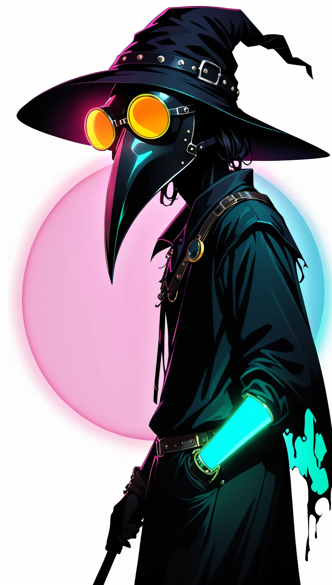 (in style of Artem Demura:0.9),
(1girl:1.4),lori girl ,(loose hip-hop outfits:1.1),(internally stained giant wide-brimmed (wizard hat):1.1),silhouette,(metal plague doctor mask:1.4),glowing light,(((neon glowing round sunglasses))),unable to see the eyes,(large area Blank:1.4),(minimalist composition:1.4),Blank,white_background,Japanese anime style,