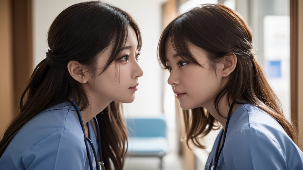 (1 Girl )、(Beautiful Japanese、30years old,round face、Refreshing、clear、seems kind、stylish、Pitiful、cute like an angel、cute、black eyes、(Single eyelid:1.3)、Beautiful skin), {(Japan human face:1.4),(General facial features)} , (((Beautiful breasts:0.4))),(((soft breasts))),(very cute),(updo, hair tendrils,brown hair,),(enchanting eyes),(highlight on eyes:1.2)、(8K、Live shooting、highest quality、masterpiece:1.2、optimal lighting)、((masterpiece)),(Photo taken by a professional photographer),(real、photo real:1.4),BREAK,((taraditional nurse uniform))},(cleavage:0.5)},( ennui),(cheeks are red:1.3), break, hospital,Face shot:1.0、 face close-up,,(((1970s vibe)))、Hospital corridor,dynamic angle,,standingm,((((side shot))))