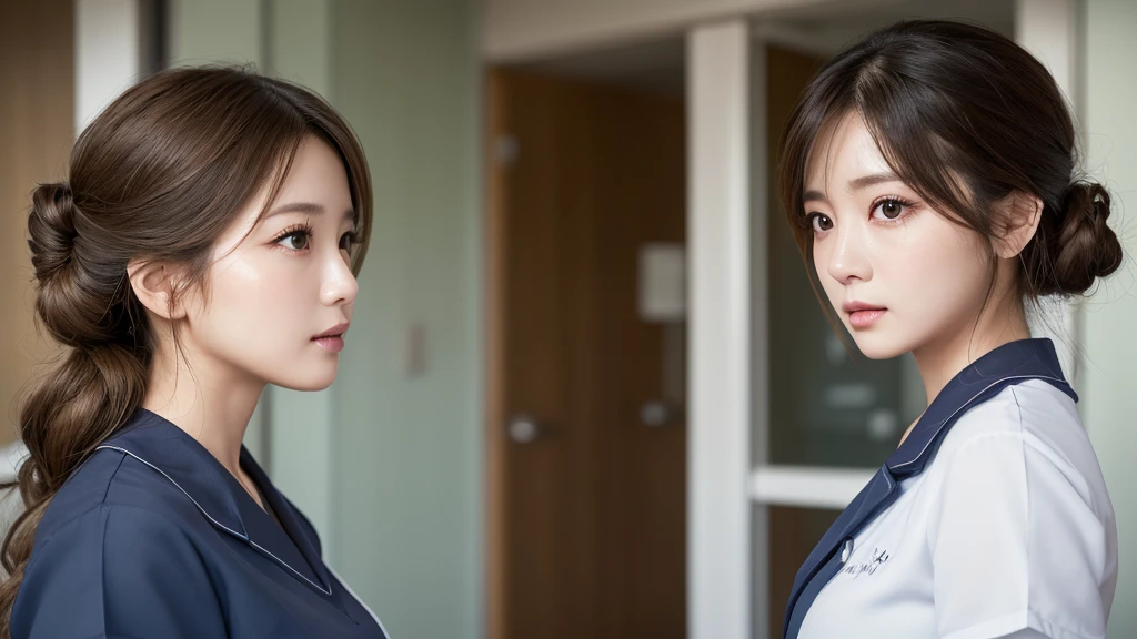 (1 Girl )、(Beautiful Japanese、30years old,round face、Refreshing、clear、seems kind、stylish、Pitiful、cute like an angel、cute、black eyes、(Single eyelid:1.3)、Beautiful skin), {(Japan human face:1.4),(General facial features)} , (((Beautiful breasts:0.4))),(((soft breasts))),(very cute),(updo, hair tendrils,brown hair,),(enchanting eyes),(highlight on eyes:1.2)、(8K、Live shooting、highest quality、masterpiece:1.2、optimal lighting)、((masterpiece)),(Photo taken by a professional photographer),(real、photo real:1.4),BREAK,((taraditional nurse uniform))},(cleavage:0.5)},( ennui),(cheeks are red:1.3), break, hospital,Face shot:1.0、 face close-up,,(((1970s vibe)))、Hospital corridor,dynamic angle,,standingm,((((side shot))))