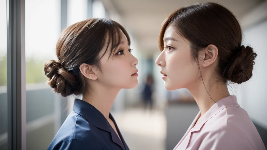 (1 Girl )、(Beautiful Japanese、30years old,round face、Refreshing、clear、seems kind、stylish、Pitiful、cute like an angel、cute、black eyes、(Single eyelid:1.3)、Beautiful skin), {(Japan human face:1.4),(General facial features)} , (((Beautiful breasts:0.4))),(((soft breasts))),(very cute),(updo, hair tendrils,brown hair,),(enchanting eyes),(highlight on eyes:1.2)、(8K、Live shooting、highest quality、masterpiece:1.2、optimal lighting)、((masterpiece)),(Photo taken by a professional photographer),(real、photo real:1.4),BREAK,((taraditional nurse uniform))},(cleavage:0.5)},( ennui),(cheeks are red:1.3), break, hospital,Face shot:1.0、 face close-up,,(((1970s vibe)))、Hospital corridor,dynamic angle,,standingm,((((side shot))))