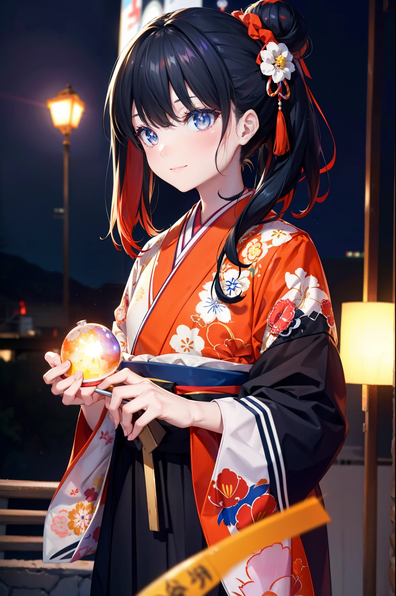 Takada Rokka, Black Hair, blue eyes, Long Hair, orange Scrunchie, Scrunchie, wrist Scrunchie,White Kimono,Sandals,日本のfestival,夏festivalの屋台,Red lantern,Hair Bun, double Hair Bun,happy smile, smile, Open your mouth,Fireworks,The place is a fireworks display、Time is night,Walking,whole bodyがイラストに入るように,
break outdoors, festival,
break looking at viewer, whole body,(Cowboy Shot:1. 5)
break (masterpiece:1.2), Highest quality, High resolution, unity 8k wallpaper, (shape:0.8), (Fine and beautiful eyes:1.6), Highly detailed face, Perfect lighting, Highly detailed CG, (Perfect hands, Perfect Anatomy),