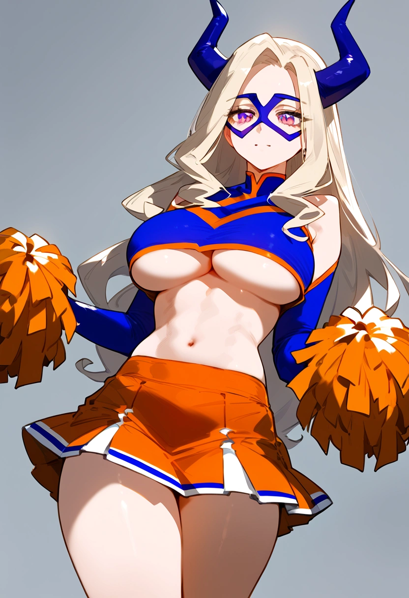anime artwork, score_9, score_8_up, score_7_up, score_6_up, score_5_up, score_4_up, Mount Lady, blonde hair, purple eyes, big breasts, she is 24 years old, style_3, ,,, , , ,grey background , _, standing, cheerleader, skirt. underboob, orange skirt