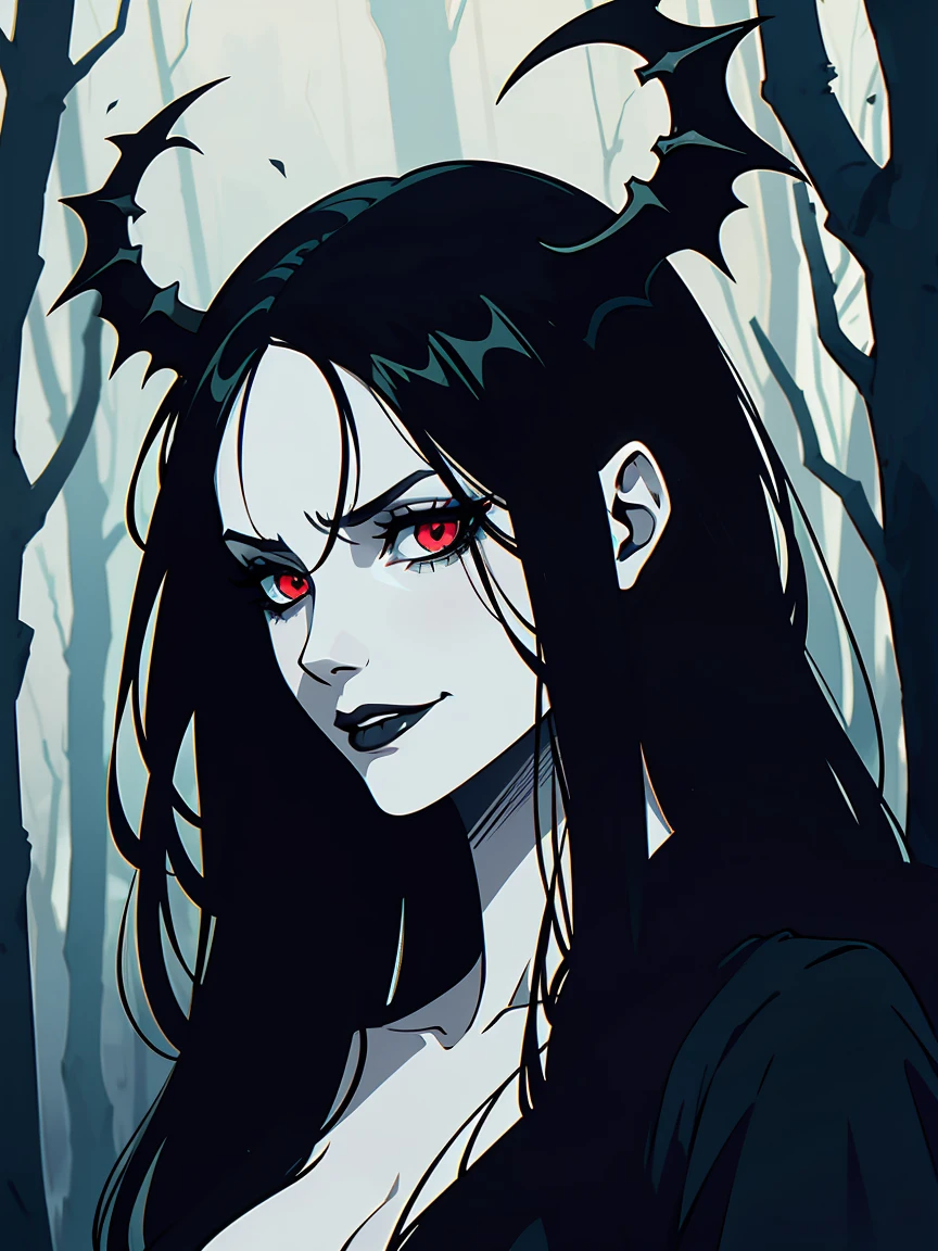 closeup, goth girl, gothic,1woman,dark forest,red eyes,dark ambient,low saturation,anime style,pale skin,long flowing hair,(naked),topless,silhouette,surreal background,mysterious atmosphere,intense emotions,melancholic expression,lens flare,dramatic shadows,symbolic elements,heavy makeup,pale and dark colors,misty fog,ethereal beauty,subtle texture, dark makeup, wicked smile
