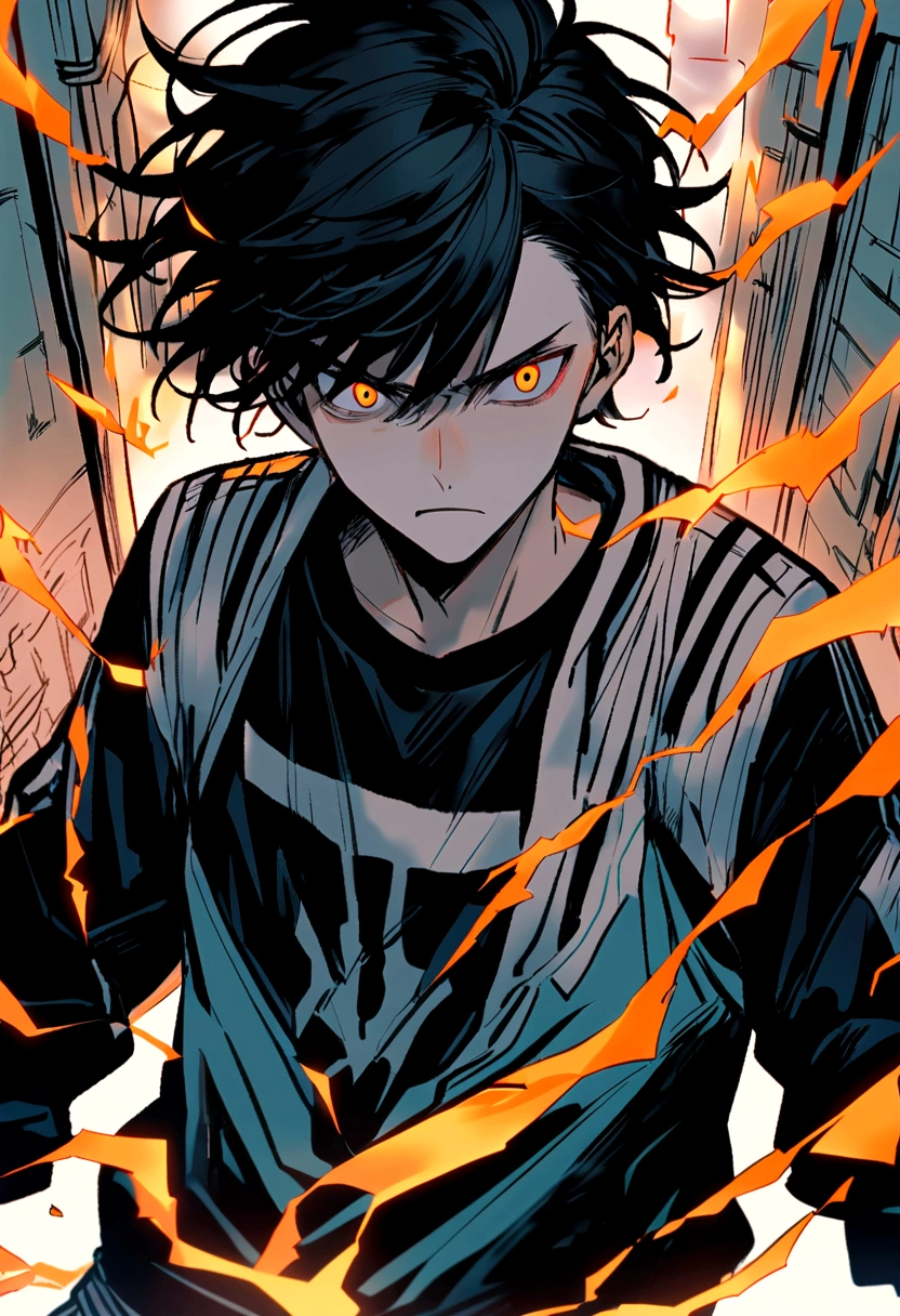 Man Long black hair black and white sweatshirt with orange electricity on his body with a worried look