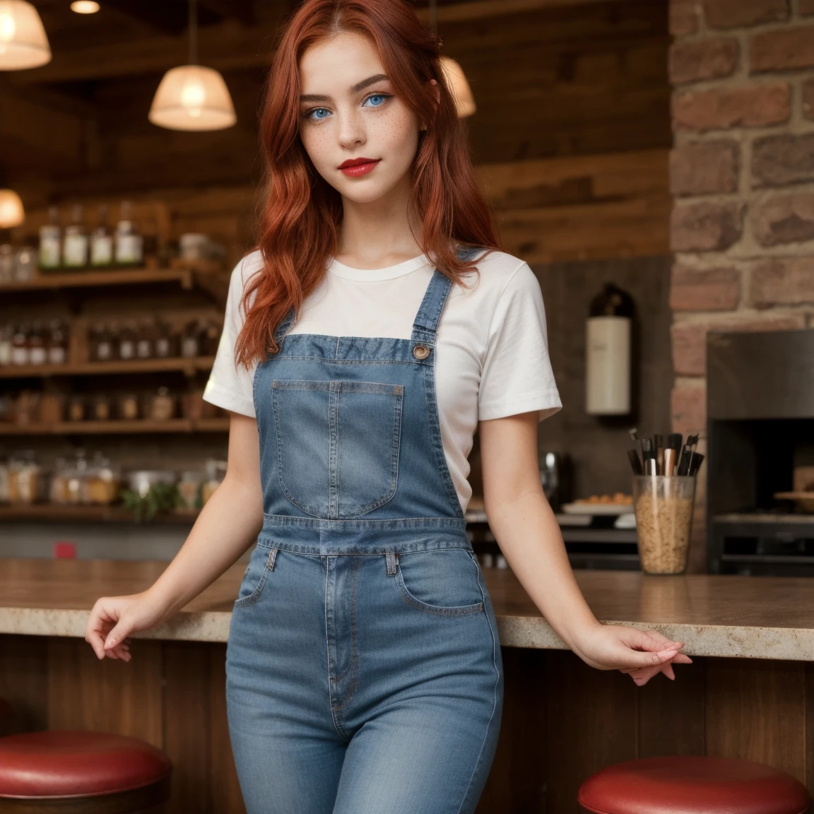 there is a girl, ((best quality)), ((detailed)),(masterpiece), ((perfect face, young)), ((red hair)), ((blue eyes)) long hair, freckles, makeup, natural face expressions, red lips, standing, wearing jeans and a top with an apron ((female waitress)), capture to thighs